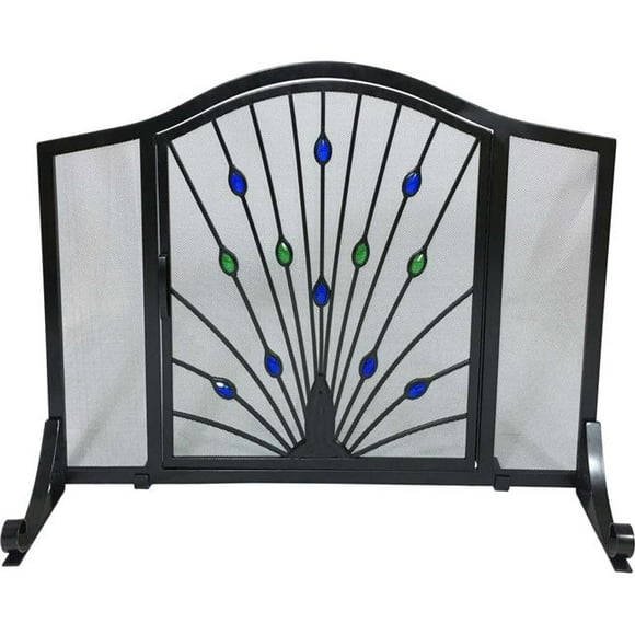 Peacock Design Wrought Iron Arched Panel Screen with Door, Black, Green & Blue