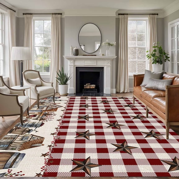 Area Rug for Living Room, Farm Red Non-Slip Indoor Large Carpet for Bedroom/Dining Room, Brown Western Texas Star Red Plaid Country Washable Low-Profile Rectangle Floor Runner Rugs - 5 x 7 Ft