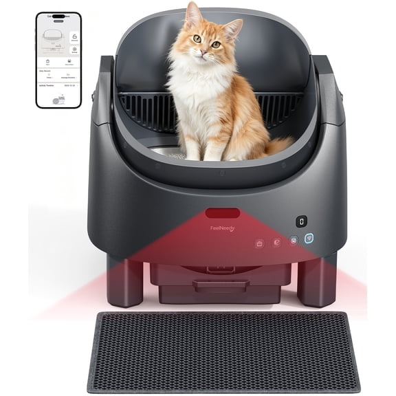 FeelNeedy Self Cleaning Cat Litter Box, Open-Top Smart Automatic Litter Box with App Control, Odor Control, Safety Sensors, Includes Mat and Waste Bags, for Multiple Cats