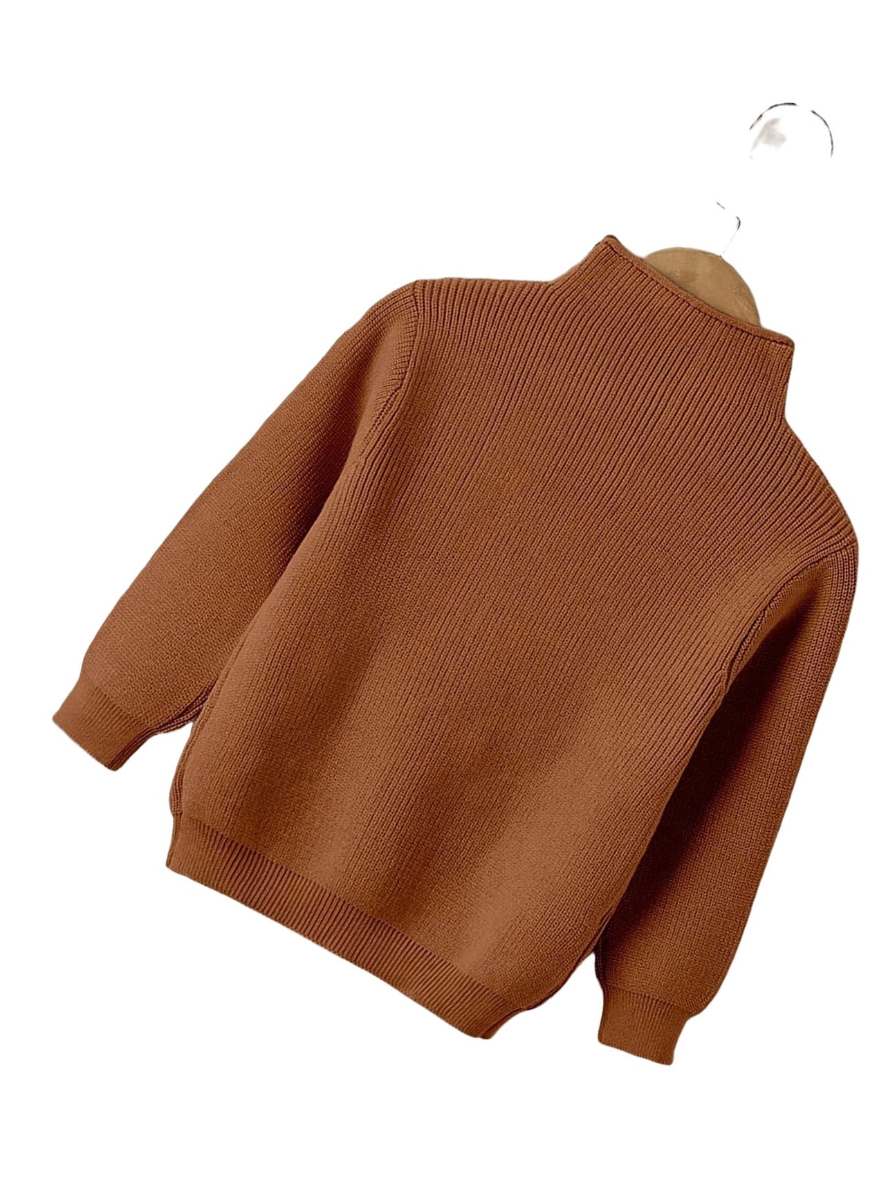 Casual Plain Funnel Neck Pullovers Long Sleeve Brown Toddler Boy