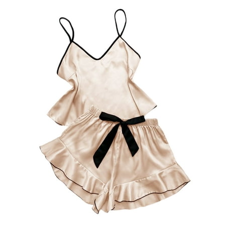 

Haite Women Nightgown V Neck Sleepwear Sleeveless Pajamas Sets Dailywear Nightwear Summer 2 Pieces Outfits Lounge Set Champagne S