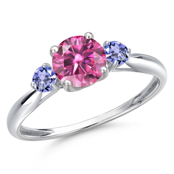 Gem Stone King 10K White Gold Pink Moissanite and Blue Tanzanite 3-Stone Ring for Women | 1.10 Cttw | Round 6MM | Gemstone Birthstone | Size 9