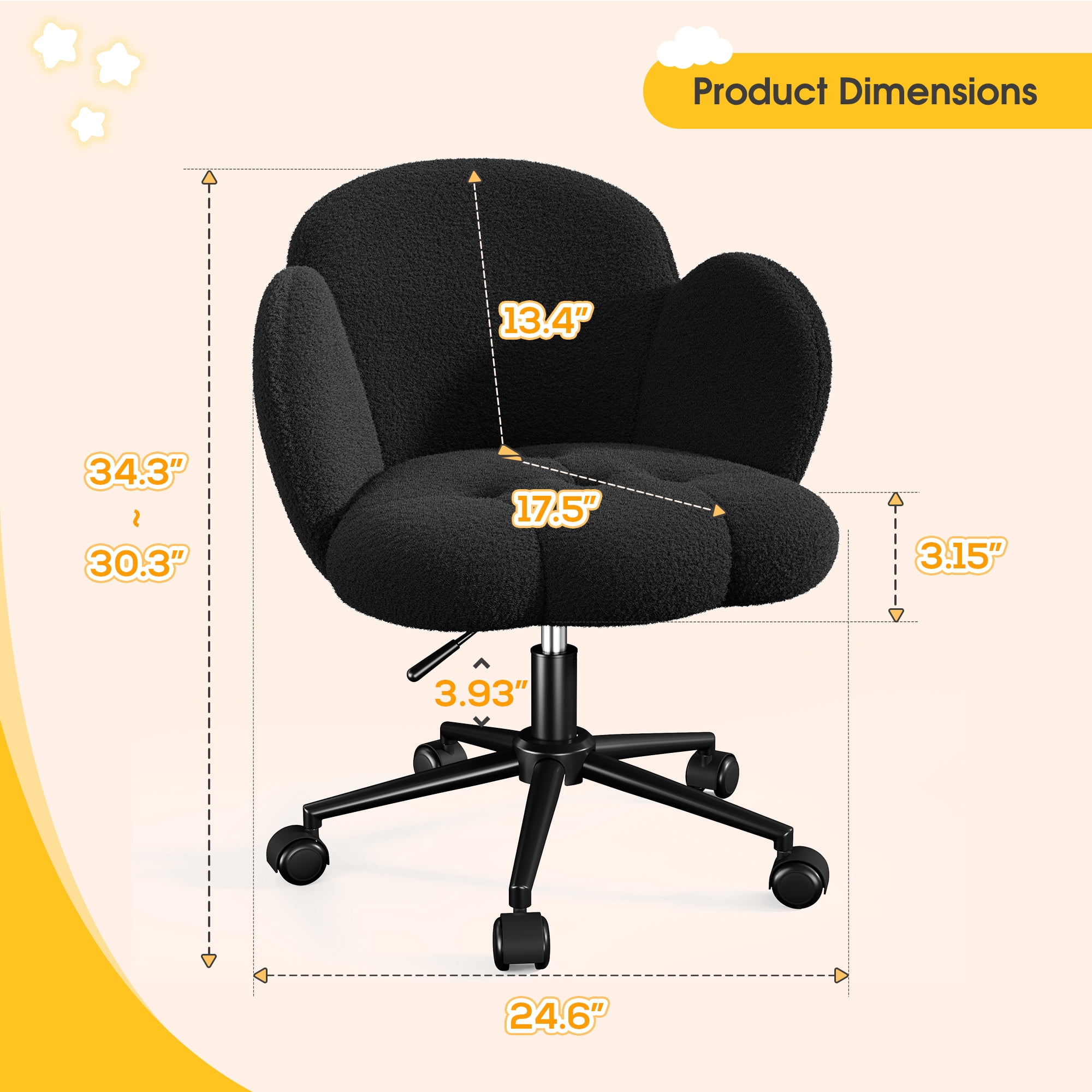 Romorgniz Vanity Chair with Back & Wheels Upholstered Desk Chair Height Adjustable Teddy Velvet Computer Task Chairs for Home Office, Black