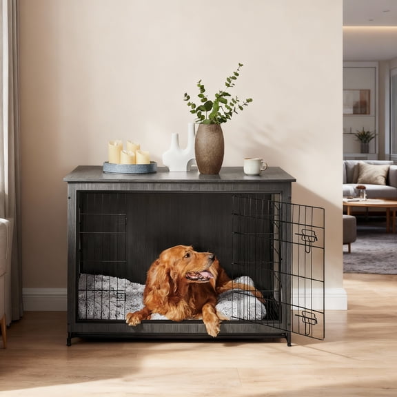 LEDREM Furniture-Style Dog Crate with Double Doors, Heavy-Duty Metal Frame, Indoor End Table Design, Front & Side Access, Removable Tray, for Large Dogs up to 80 lb, Ink Black