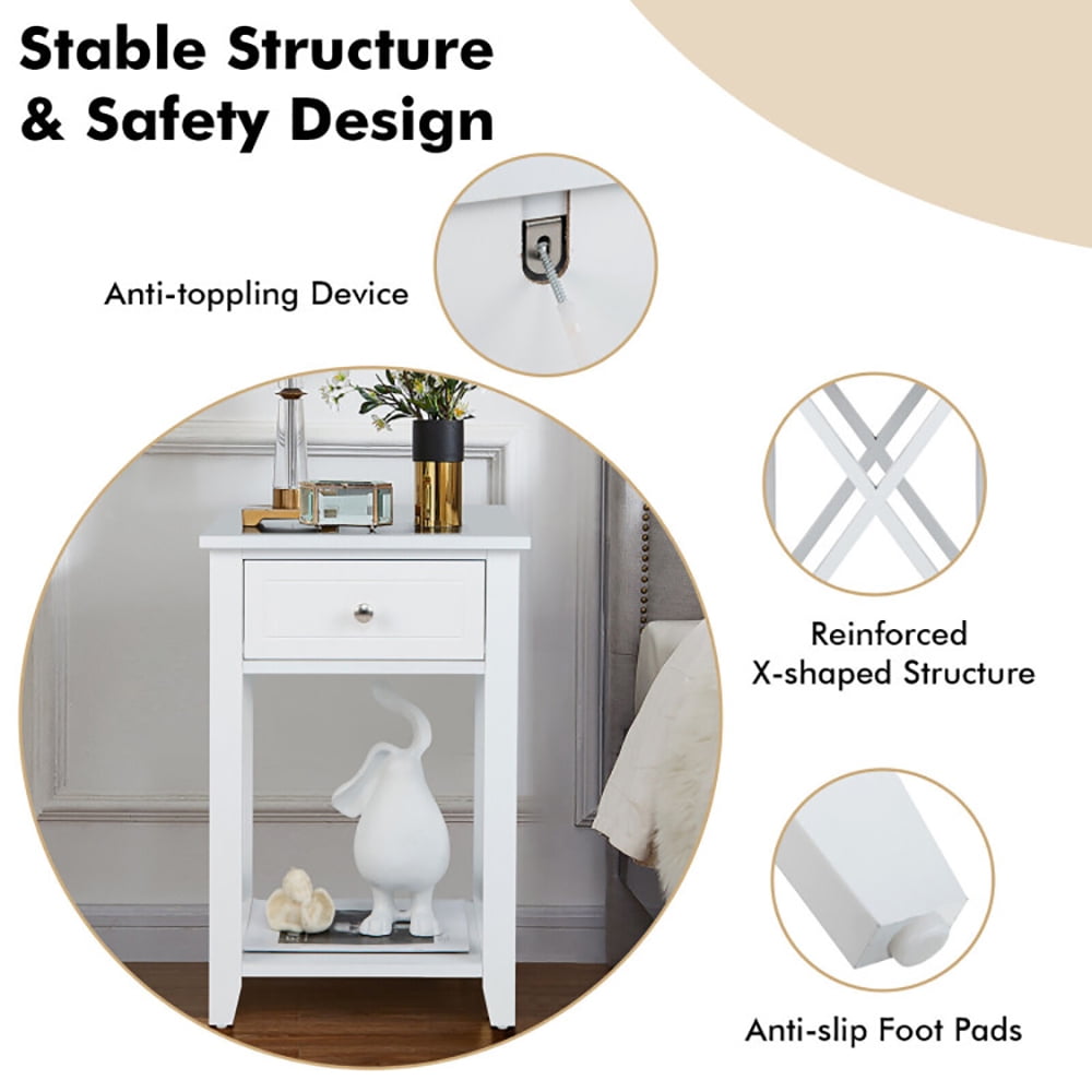 Finihen End Table, Nightstand, Bedside Storage Nightstand with Drawer and Bottom Shelf, Sofa Side Table, Bed Side Table, for Living Room, Bedroom, White Finihen End Table, Nightstand, Bedside Storage Nightstand with Drawer and Bottom Shelf, Sofa Side Table, Bed Side Table, for Living Room, Bedroom, White
