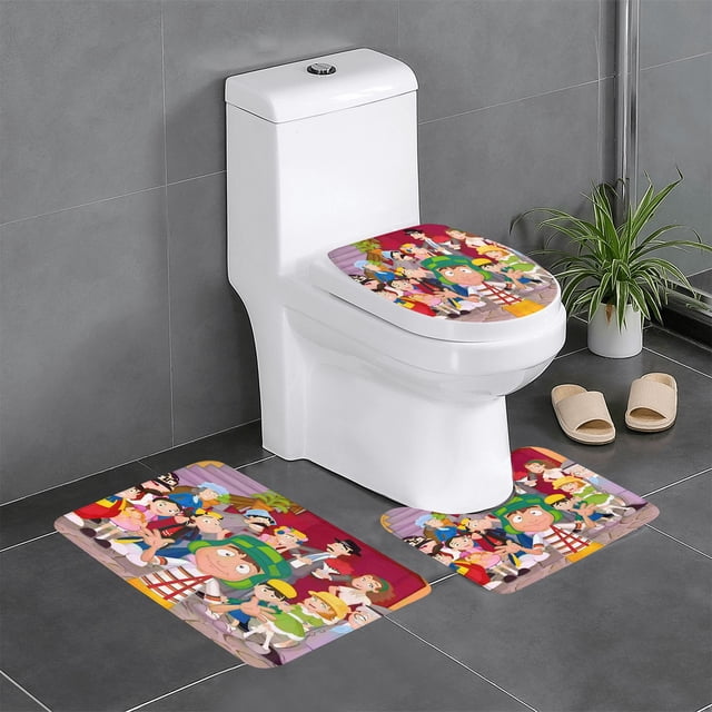 El Chavo del Ocho Juego de 3 alfombras de baño de coral fleece: tapete de baño + alfombra de inodoro en forma de U + funda de tapa de inodoro en forma de O