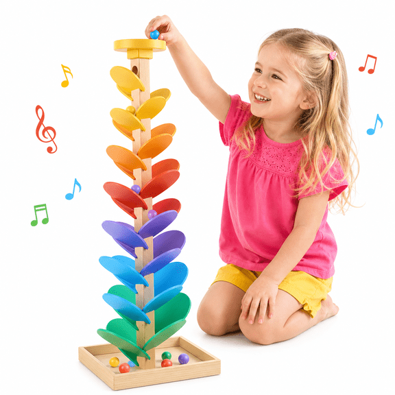 Brivello Rainbow Wooden Marble Run Music Tree, Montessori Ball Drop Tower Sensory Toy for Kids 3-5 4-8 8-12, Educational Gift for Boys Girls