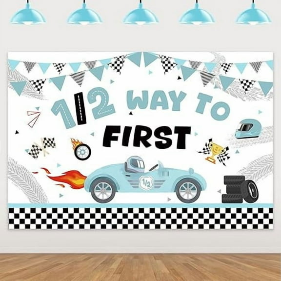 Racing Car Themed 1/2 Way to First Backdrop Blue Vintage Car Half Birthday Decorations Checkerboard Pattern Racing 1/2 Birthday Party Background Banner for Boys 6 Months Birthday Party Supplies 5x3ft