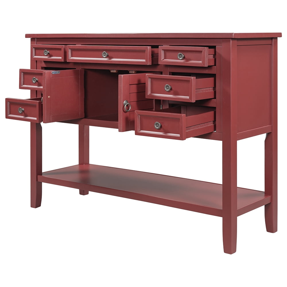 Lowestbest 45" Classic Console Table with Storage Drawers, Sofa Table with 7 Drawers, 1 Cabinet and 1 Shelf (Red) Lowestbest 45" Classic Console Table with Storage Drawers, Sofa Table with 7 Drawers, 1 Cabinet and 1 Shelf (Red)