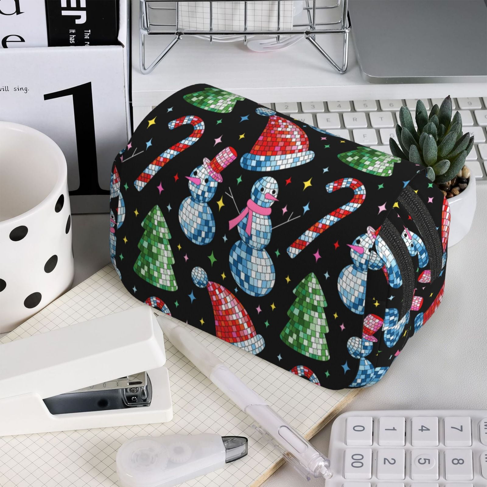 Rateoe Disco Mirror Ball Snowman Pattern Double Clamshell Pen Case, Storage Organizer with Two Zipper Compartments– Holds Up to 50 Pencils & Pens