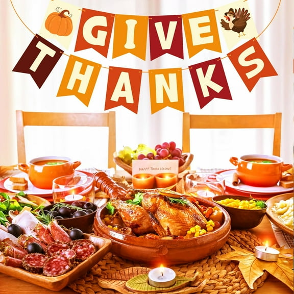 Thanksgiving Decorations - GIVE THANKS Banner | Friendsgiving Party Decorations for Indoor Outdoor Outside - Thanksgiving Garland for Front Door | THANKSGIVING Backdrop Wreath for Window Wall