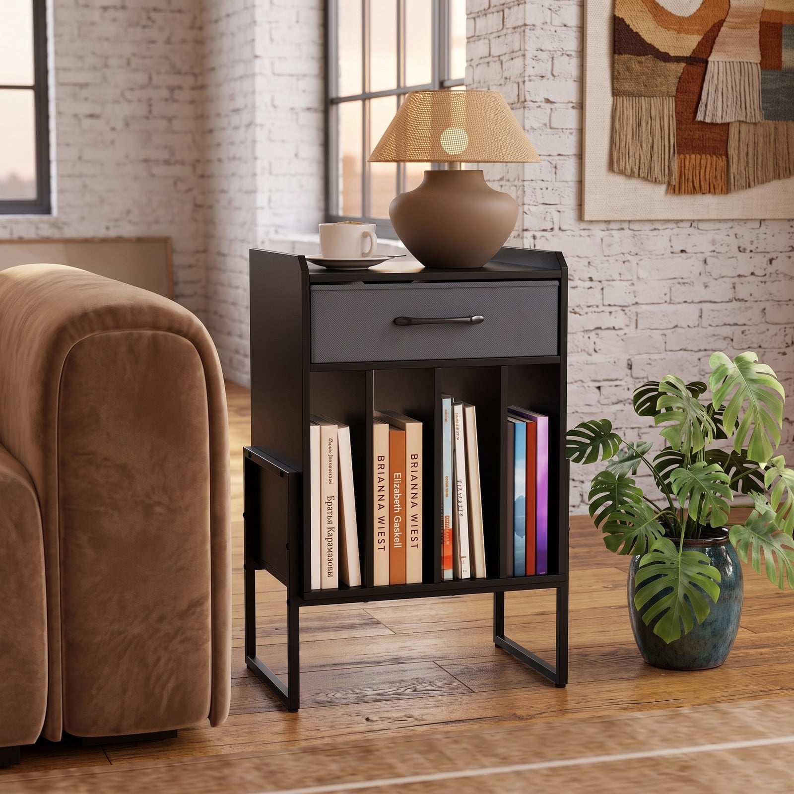 Furnibear Record Player Stand with Storage Drawer and Vinyl Record Holder, Turntable Table with Metal Frame and Wide Top for Living Room Music Room Study, Black