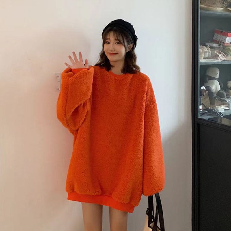 DanceeMangoo Casual Hoodies for Women Korean Solid Lazy Loose Lamb Cashmere Sweatshirt  Female Winter Thick Warm Pullovers Top 