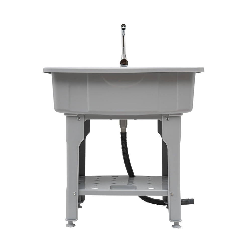 Freestanding Laundry Sink with Faucet, 31.5" Utility Sink with Removable Washboard & Storage Shelf, Heavy Duty Plastic Utility Tub for Laundry Room Garage Basement Pet Wash