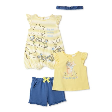 

Disney Winnie the Pooh Baby Girl Romper Top Shorts & Headband Outfit Set 4-Piece 0/3-24 Months