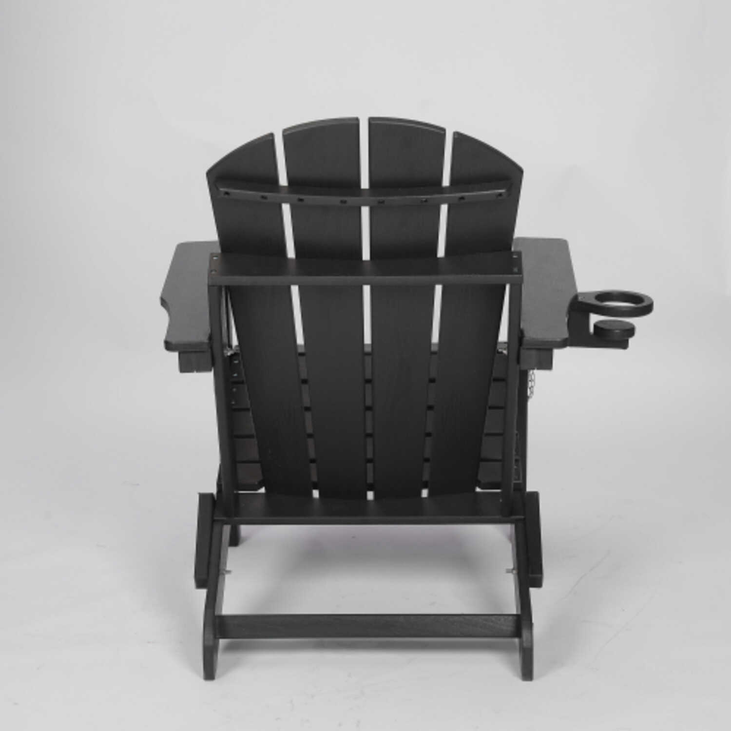 Black HDPE Folding Adirondack Chair with Wood Texture Composite Material and Built in Dual Cup Holders