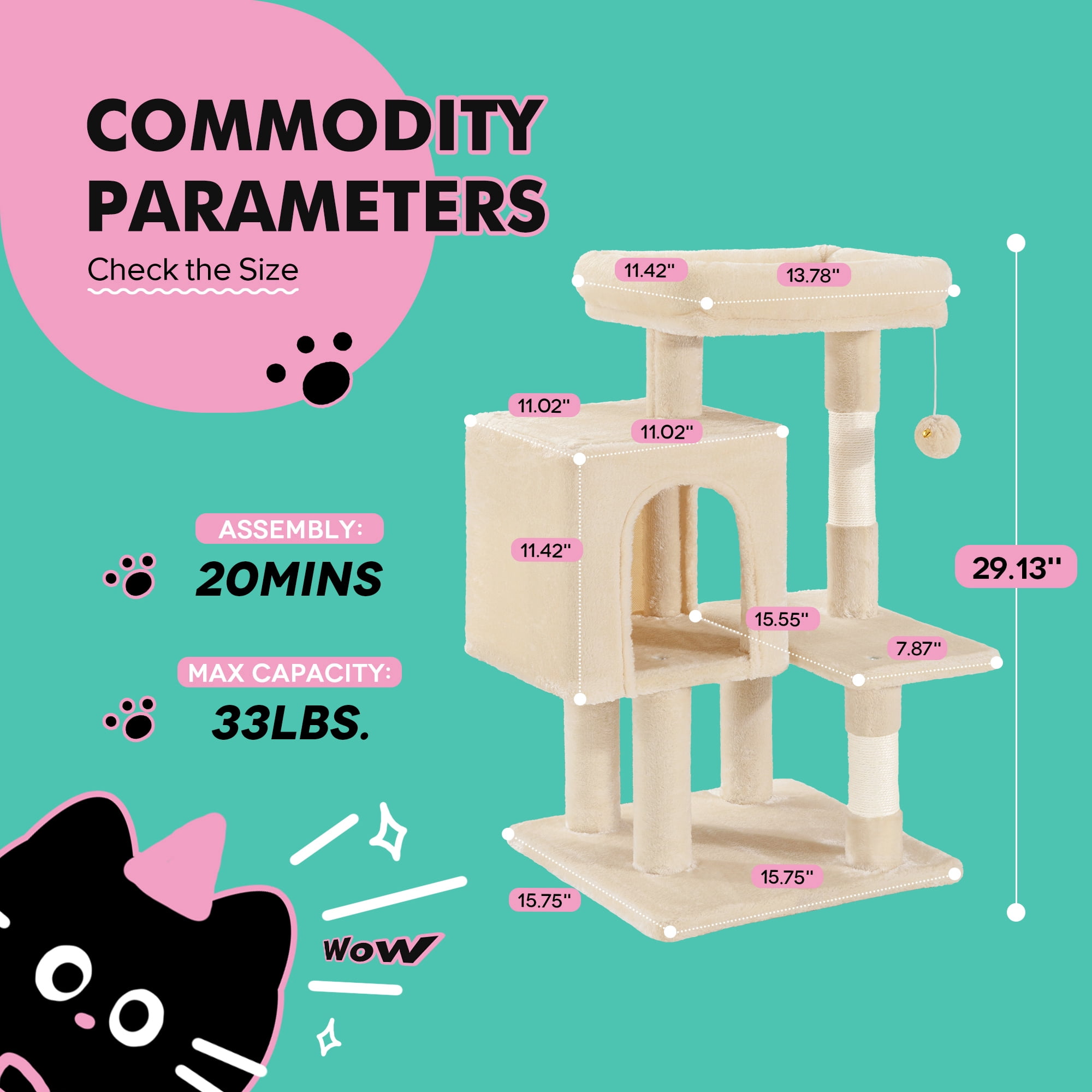 Einfach 29" Cat Tree Tower with Plush Perch Condo House for Indoor Cats & Scratching Post, Beige