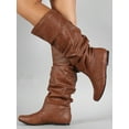 thumbnail image 4 of Crocowalk Ladies Slouchy Mid Calf Boots Pull On Winter Shoes Round Toe Flat Boot Women Walking Comfort Stretchy Brown 5, 4 of 5