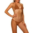 thumbnail image 4 of Conjuntos de bikini de lado atado con halter INSPIRE CHIC para mujer, traje de baño de 2 piezas con parte inferior triangular de cintura baja, color marrón, talla X-Small, 4 of 5