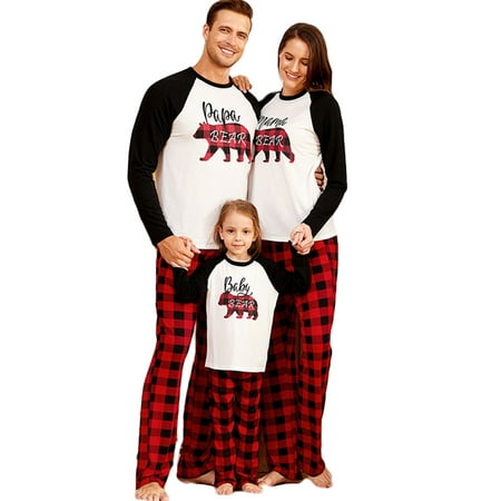 

RSRZRCJ Matching Family Pajamas Sets Cute Bear Letter Plaid Printing Long Sleeve Sleepwear for All Family