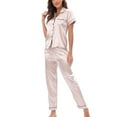 thumbnail image 2 of SWSMCLT Women's Satin Pajamas 2 Piece Pjs Summer Fall Button Pajama Set Soft Short Sleeve Pant Silky Lightweight Cool Spring Golden Large, 2 of 5