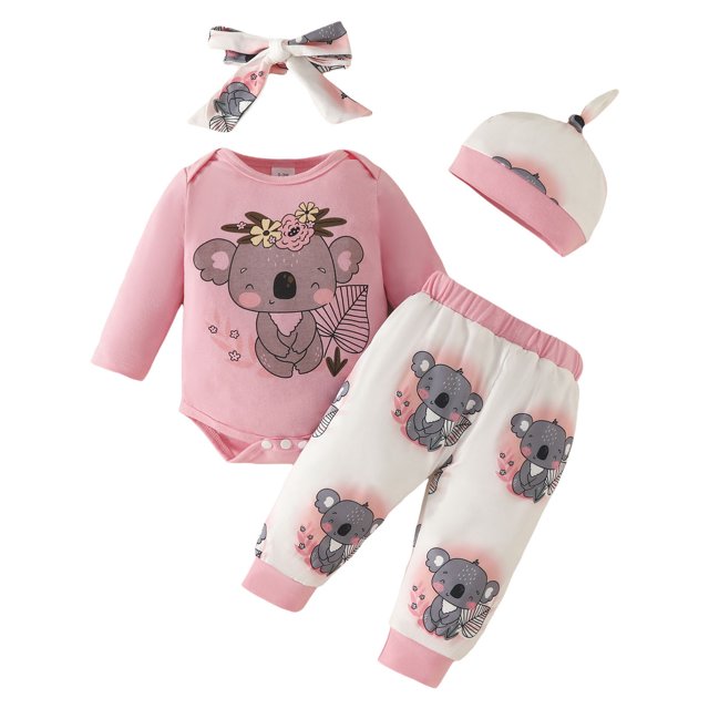 Sunnyoo Infant Girls Outfits Cartoon Print Long Sleeve Romper Shorts Headband Hat 4Pcs Set