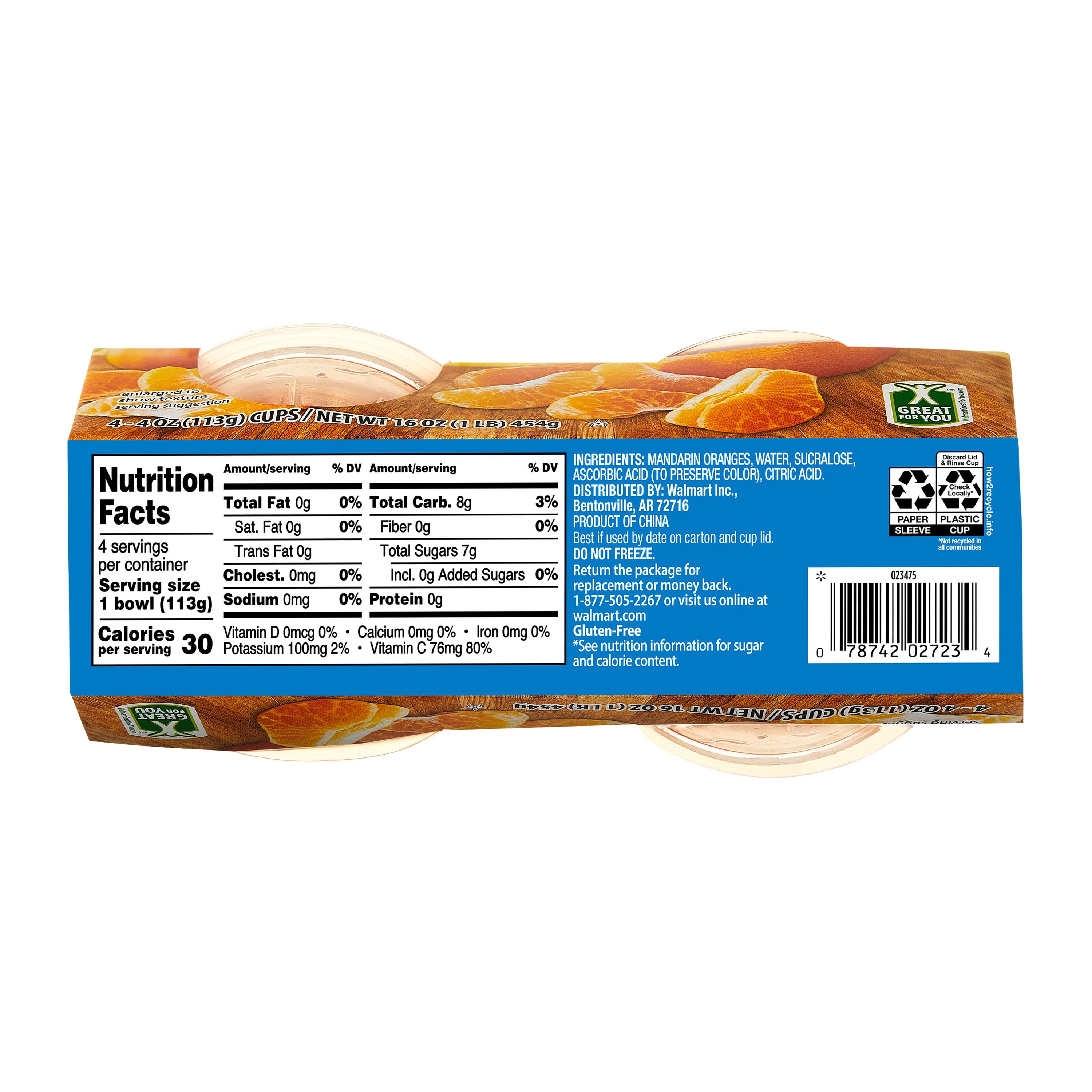Great Value No Sugar Added Mandarin Oranges, 4 oz, 4 Count Cups