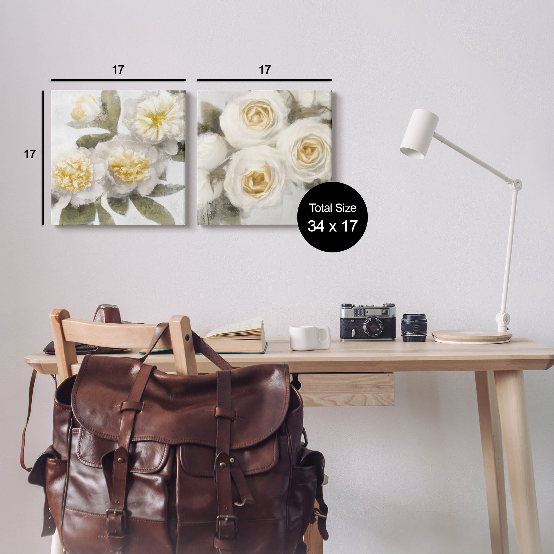 White Rose Flowers Traditional Botanical & Floral Graphic Art Gallery Wrapped Canvas Print Wall Art, Set of 2
