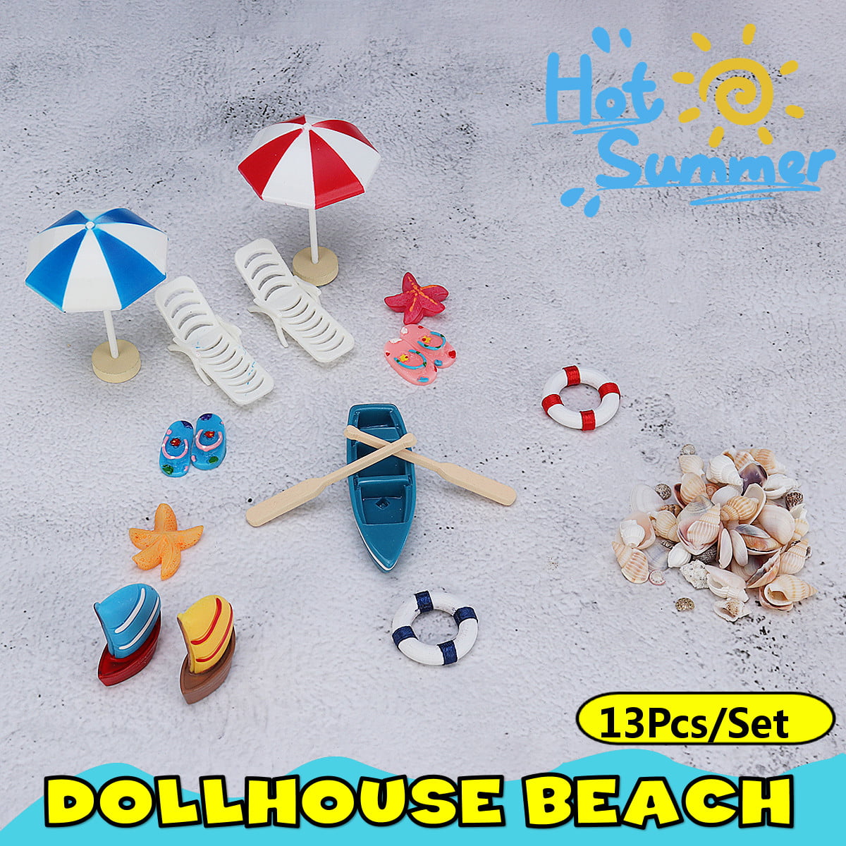 Beach Style Miniatures 12PCS Set Lift Buoy Starfish and Shell DIY Fairy Garden Dollhouse Accessories Decor Beach Umbrella Boat Deck Chair