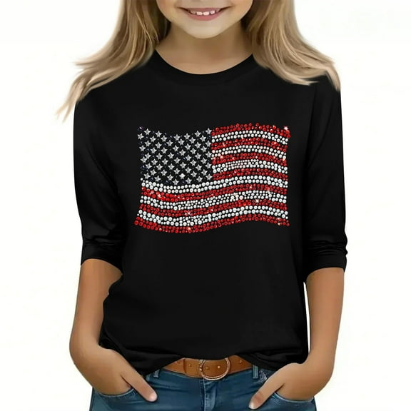 Spazoro Toddler Girls 3/4 Sleeve Shirts, Spring and Fall Casual Round Neck Graphic Print Fashionable Tops for Girls Black Size 9-10T