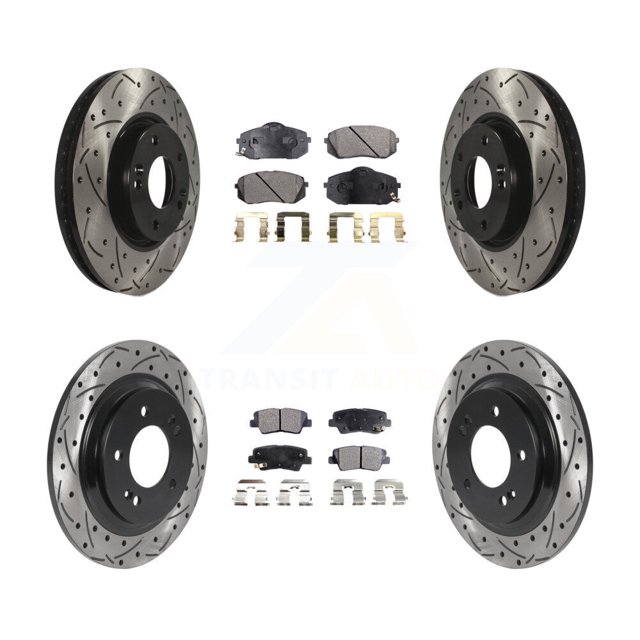 Transit Auto Front Rear Coated Drilled Slotted Disc Brake Rotors and Ceramic Pads Kit for Car Kia Soul EV KDT-101048