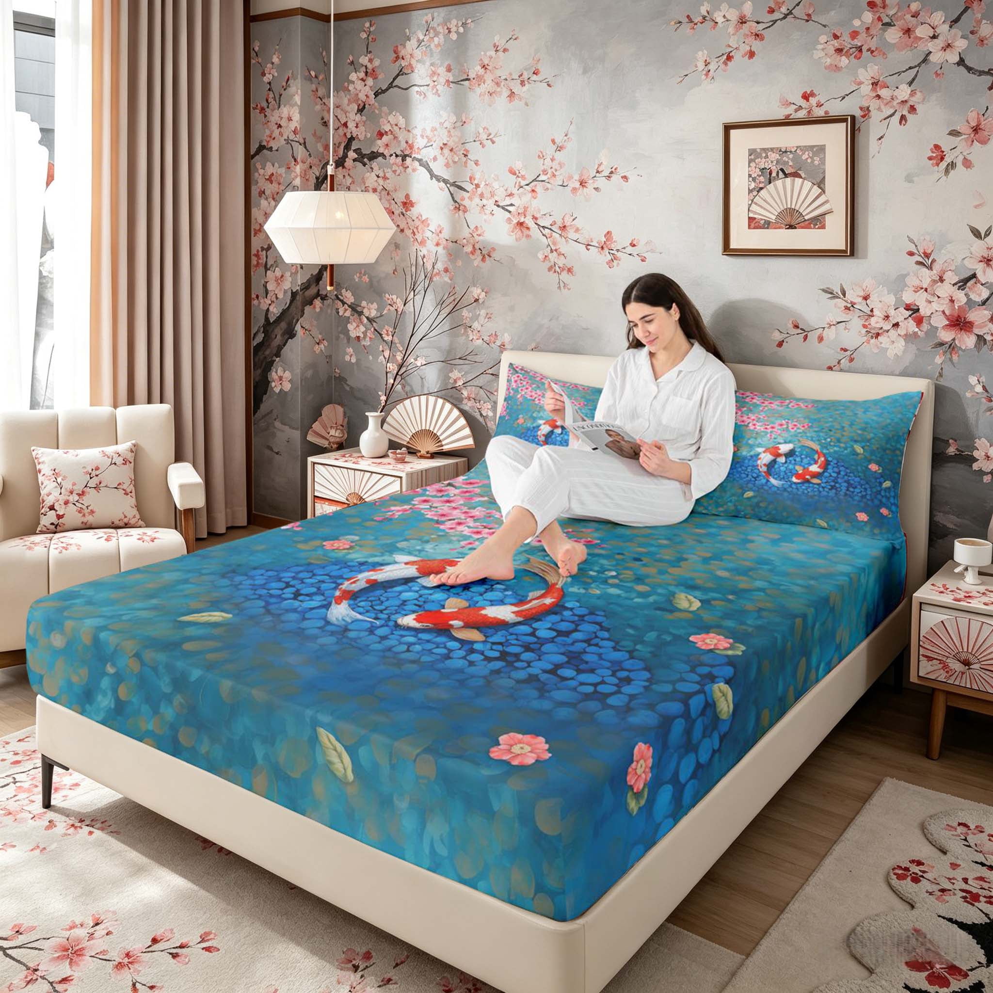 Manfei Oil Painting Koi Fish Queen Sheet Sets for Girls, Sakura Pond Bed Set, Blue Pink 4pcs, 1 Flat Sheet, 1 Fitted Sheet and 2 Pillowcases