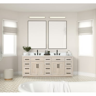 Eleshine 84in Modern Solid Wood Bathroom Vanity with Double Sink,Countertop and Backsplash, Milk Oak