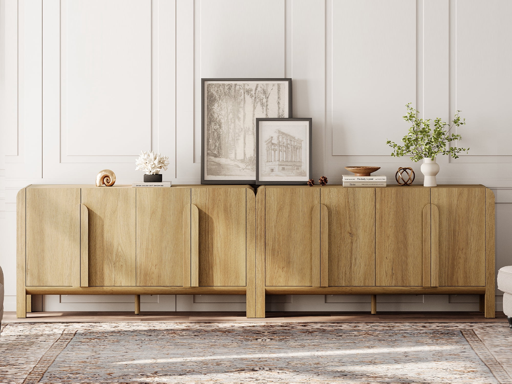 126" Accent Cabinet with 8 Doors and Adjustable Shelves, Modern Credenza Storage Cabinet with Curved Profile Design for Living Room, Kitchen, Dining Room, Hallway