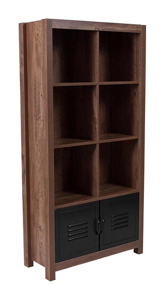 Crosscut Oak Wood Grain Finish Storage Shelf with Black Metal Cabinet Doors 