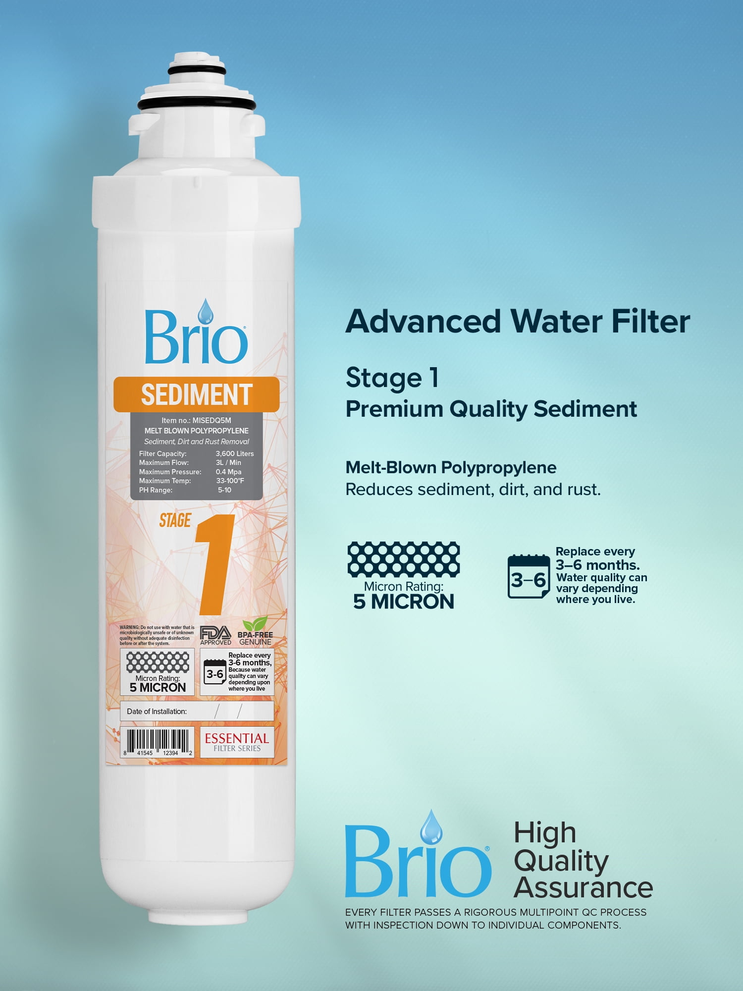 Brio Stage-1 Melt-Blown Polypropylene Sediment Replacement Water Filter - 1 Filter Unit