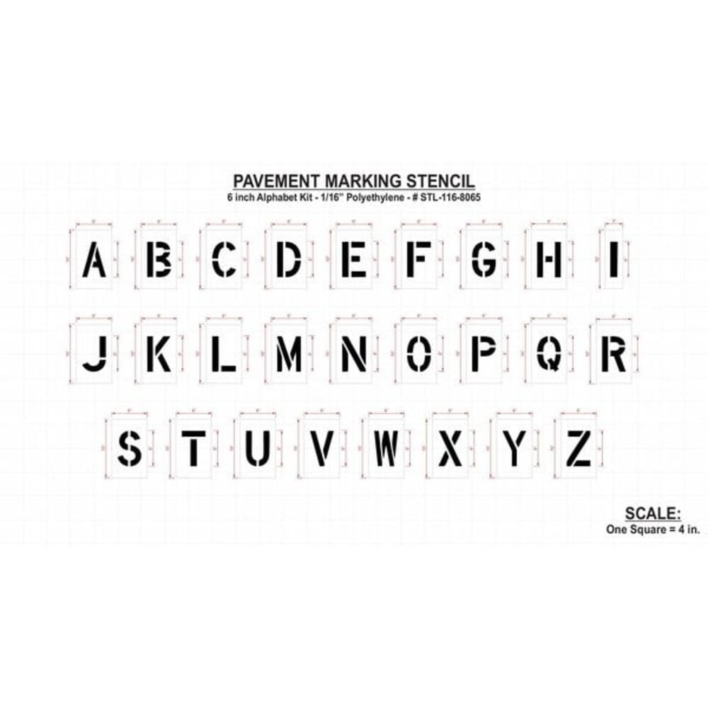 Pavement Stencil, Letter Set, A Thru Z, Blanks, 6 in Character Height, Highway Gothic Font, Clear