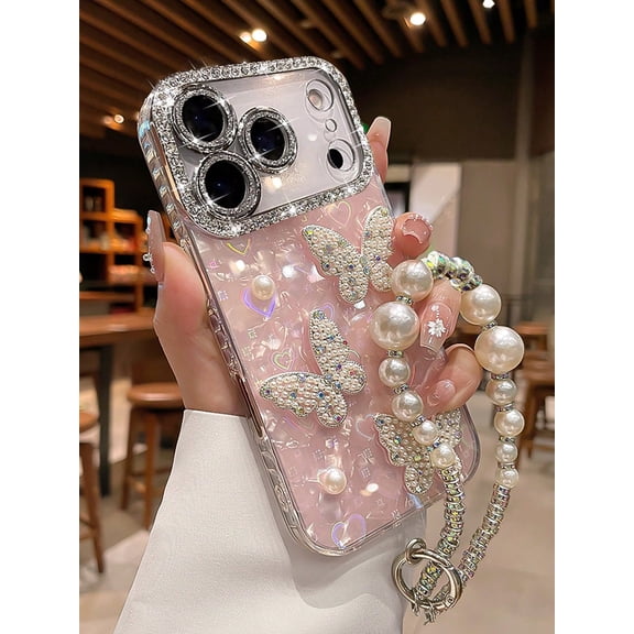 Luxury Rhinestone Pink Pearl Heart Butterfly Phone Case Wrist Strap For iPhone 17 Pro Max 17 16 15 14 Series Acrylic Hard Shell Perfect Valentine's Day Gift