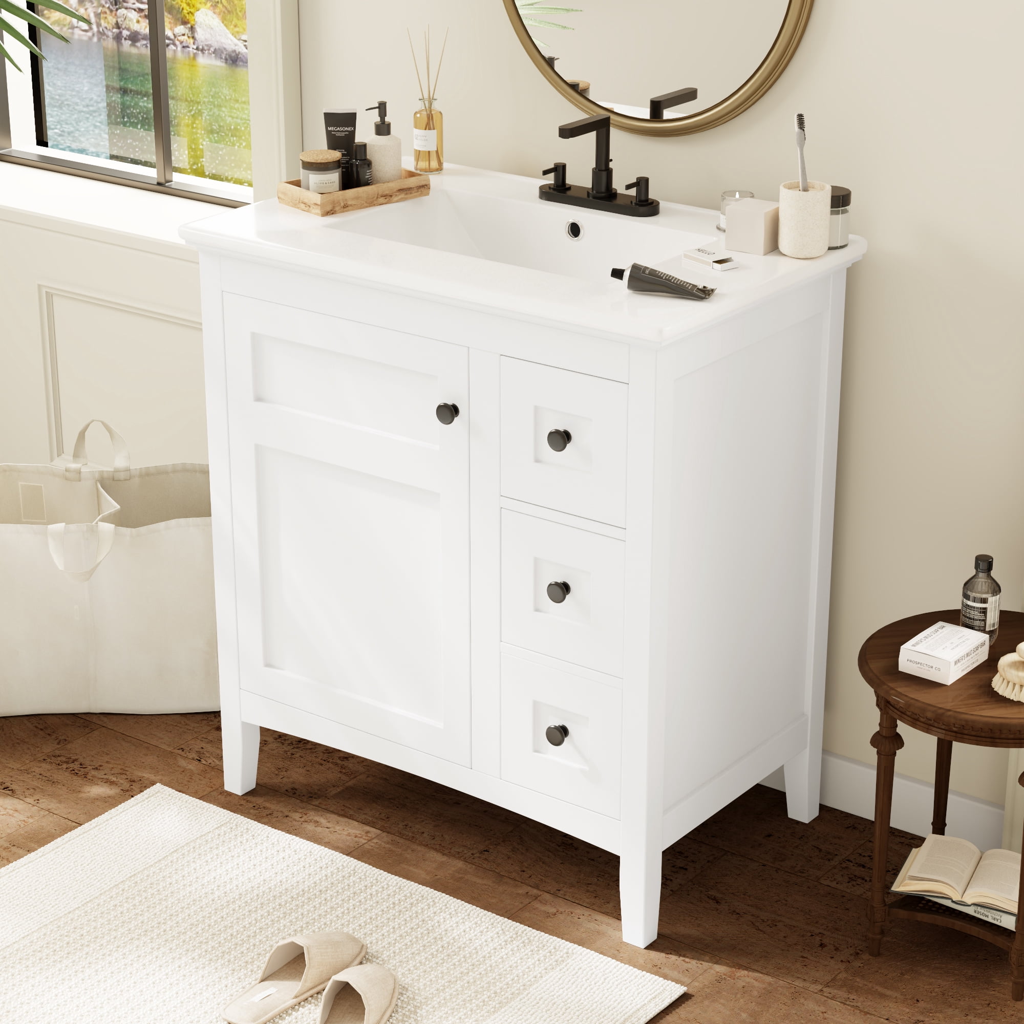 Euroco 30 Inch Bathroom Vanity with Ceramic Sink, White Bathroom with 3 Drawers, Solid Wood Frame Modern Bathroom Storage Cabinet , Ideal for Home