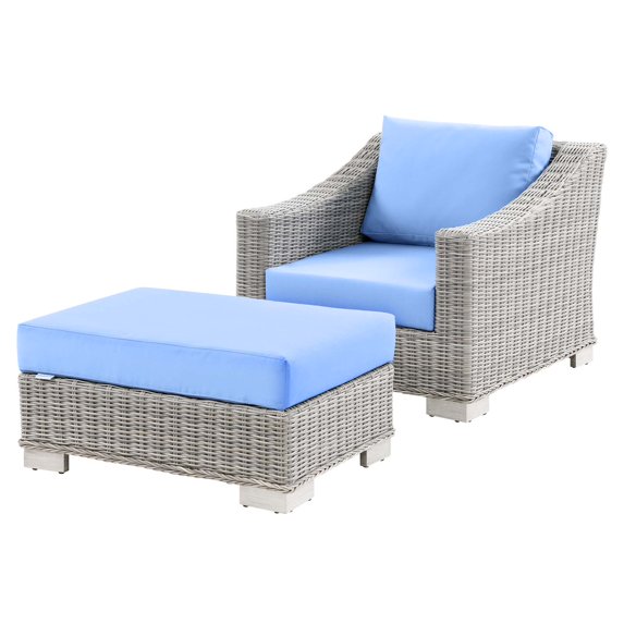 Side Chair Armchair and Ottoman, Rattan, Wicker, Light Grey Gray Light Blue, Modern Contemporary Urban Design, Outdoor Patio Balcony Cafe Bistro Garden Furniture Hotel Hospitality