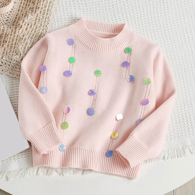Suéter de cuello redondo, moderno y versátil, de manga larga con lentejuelas y cuello redondo para niñas de 3 a 9 años. Chaqueta tipo cárdigan infantil.