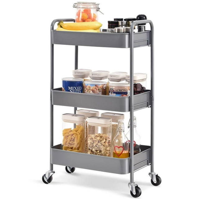 KK KINGRACK Chariot Roulant, Chariot Utilitaire en Métal à 3 Niveaux avec 4 Roues, 2 Freins, Gris