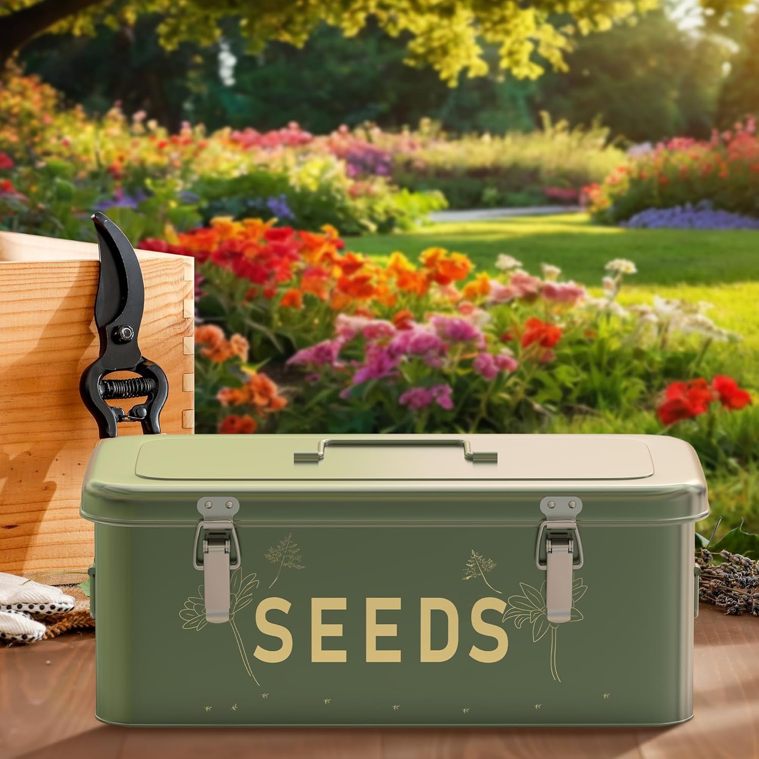 Seed Storage Organizer, Metal Seed Saving Box with Lid, Seed Bin with 30 Plant Labels 30 Seed Envelopes 1 Marker Pens, 4 Compartments Box with Safety Locks, Blackish Green