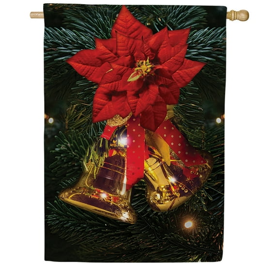 America Forever Gold Bells House Flag, 28 x 40 inch Double Sided, Holiday Banner, Jingle Golden Poinsettia Pine Background Outdoor Decor, Christmas Yard Flag