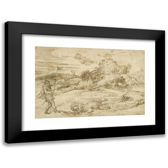 Titian 14x11 Black Modern Framed Museum Art Print Titled - Landscape with St. Theodore Overcoming the Dragon (1550-1559)