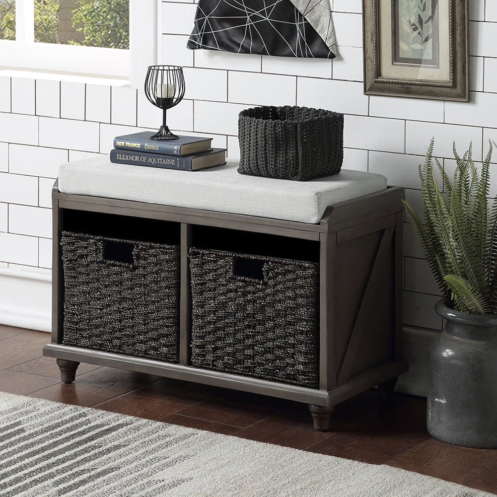 Private Jungle Homes Collection Wood Wicker Storage Bench with 2 Woven Baskets,Dark Gray Private Jungle Homes Collection Wood Wicker Storage Bench with 2 Woven Baskets,Dark Gray