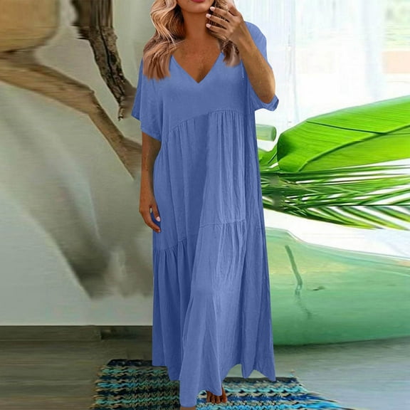 Up to 30% off Sundresses for Women 2025 Summer Saving, Fashion Women's Casual Short Sleeve Solid V-Neck Ladies Dress Long Dress(Blue,XXL)