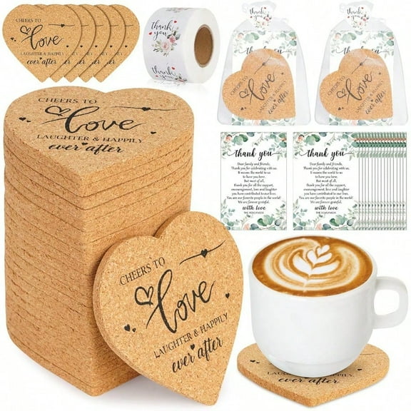 100 Set Wedding Favors for Guest Heart Cork Coasters Gifts Bulk Heart Shaped Coasters 100 Thank You Cards Organza Bags 1 Roll Thank You Stickers Guest Souvenirs for Wedding Party Bridal Favors 100