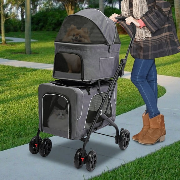 Foldable Double Pet Stroller Dogs Cats Carrying Cart For Small/Medium-Sized Pet