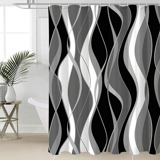 Black and Grey Shower Curtain, Gray and White Abstract Modern Bathroom Decor, Waffle Weave